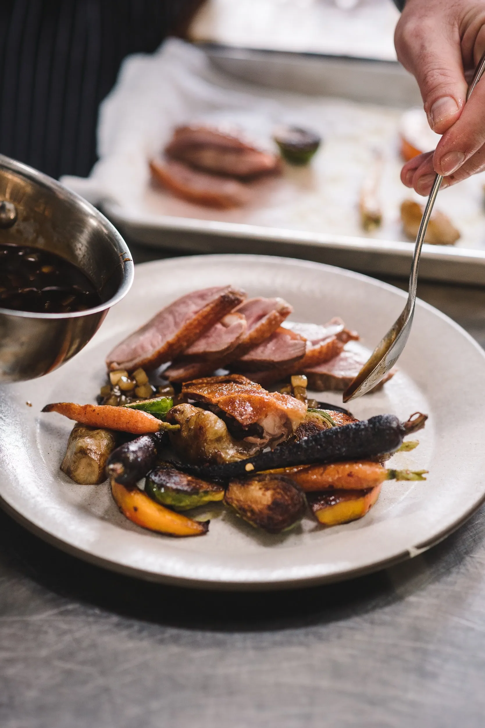 Roasted Fraser Valley Goose, Poached Pear and Red Wine Jus, Autumn Vegetables